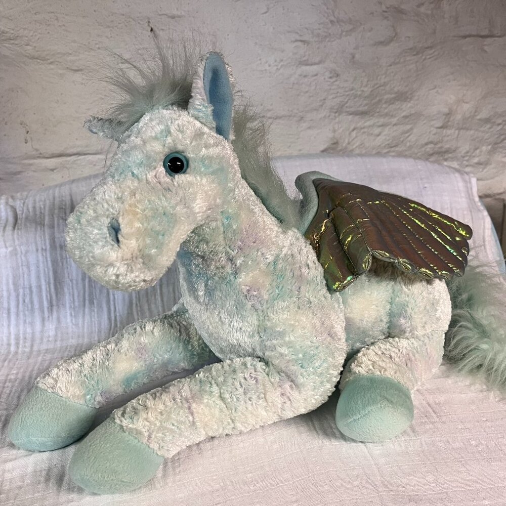 JUMBO MAGICAL PEGASUS Plush Blue Shiny Wings 16" FAO Schwarz - SUPER CUTE/CLEAN!